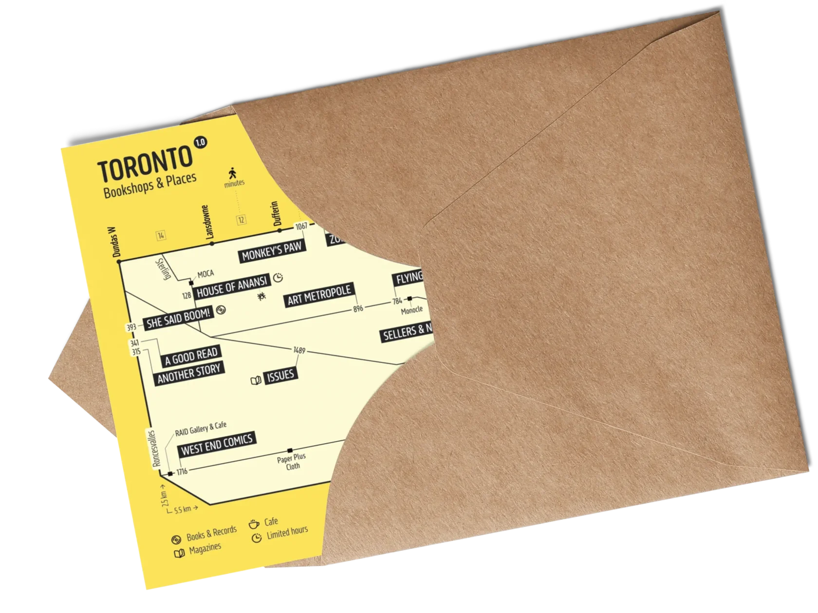 Toronto Bookshops & Places map card in a kraft envelope